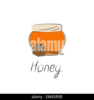 Honey jar and wooden dipper icon. Simple cartoon illustration. Stock Vector