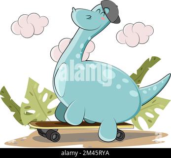 Cute dinosaur decided to show his skills on his skateboard Stock Vector