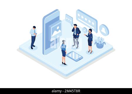 Developers testing mobile app, UI design and user experience concept, isometric vector modern illustration Stock Vector