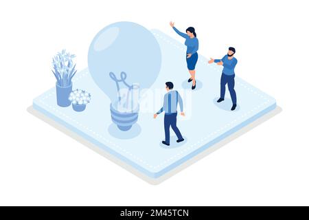 Characters standing near light bulbs and celebrating success, isometric vector modern illustration Stock Vector