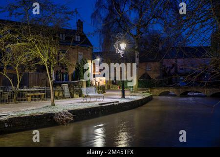 Bourton on the Water at dawn in the frost. Bourton on the Water, Cotswolds, Gloucestershire, England Stock Photo