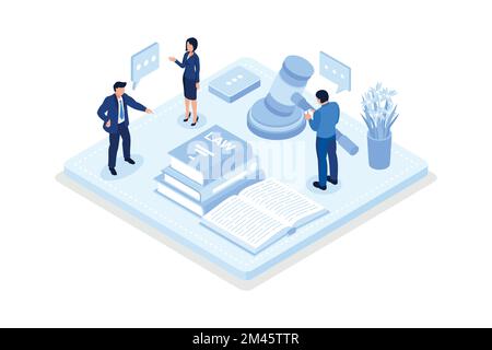 Law and justice scenes, judge knocking with wooden hammer, isometric vector modern illustration Stock Vector