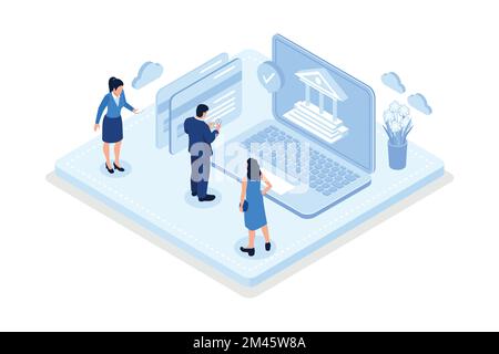Characters in online internet banking transfer electronic funds from bank to bank. Sending and receiving money concept, isometric vector modern illust Stock Vector