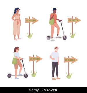 Go green semi flat color vector characters set Stock Vector