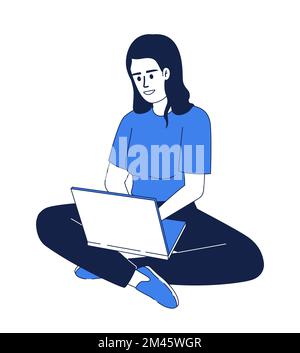 Woman using laptop flat color linear vector character Stock Vector