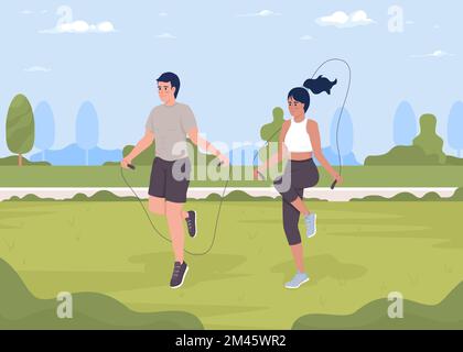 Doing jumping rope exercise flat color vector illustration Stock Vector