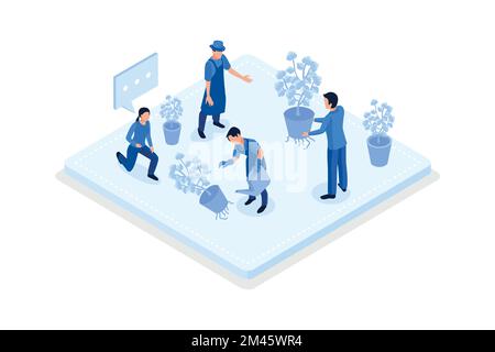 Characters planting trees, Environmental care and volunteerism concept, isometric vector modern illustration Stock Vector