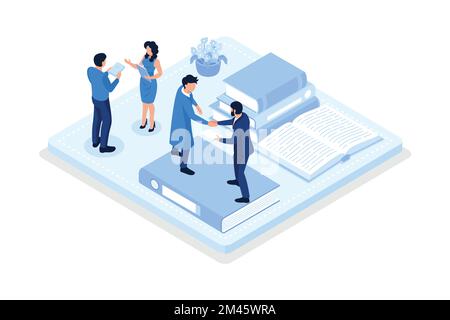 Book exchange and reuse, Characters sharing and swapping books, isometric vector modern illustration Stock Vector