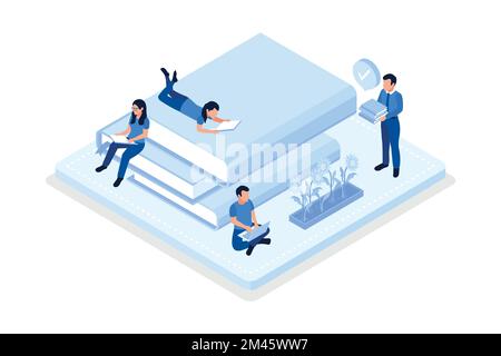 Book exchange and reuse, People reading together, isometric vector modern illustration Stock Vector