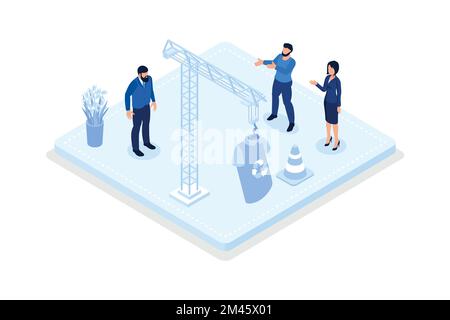 Characters selling old clothes on flea market or second hand, isometric vector modern illustration Stock Vector
