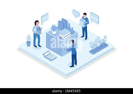 Donation, Volunteers collecting food and clothes in donation box, isometric vector modern illustration Stock Vector