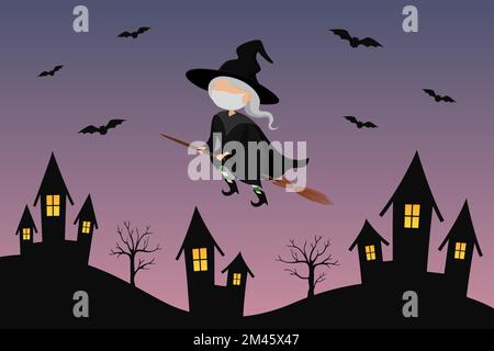 Witch in mask flying on broom over night town. Vector illustration. Stock Vector
