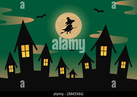 Witch flying on broom over town. Vector illustration. Stock Vector