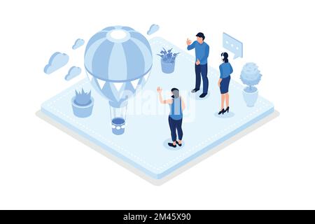 Hr managers flying on air balloon, Job recruitment process concept, isometric vector modern illustration Stock Vector