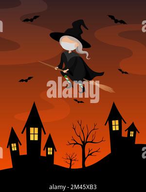 Witch in medical mask flying on broom over night town. Cartoon. Vector illustration. Stock Vector
