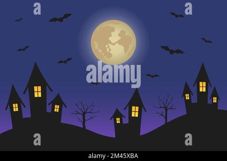 Bats flying over night town. Vector illustration. Stock Vector