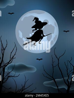 Witch flying on broom. Cartoon style. Vector illustration. Stock Vector