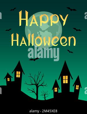 Halloween card. Bats flying over night town. Cartoon. Vector illustration. Stock Vector