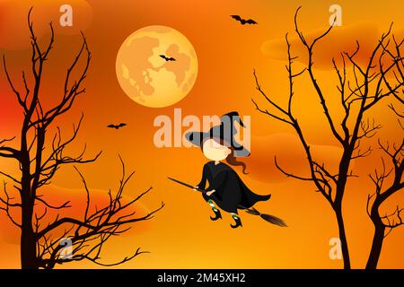 Witch in medical mask flying on broomstick. Vector illustration. Stock Vector