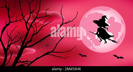 Witch flying on broom on full moon background. Vector illustration. Stock Vector