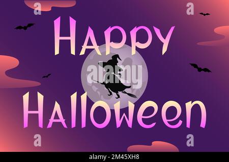 Halloween card. Witch flying on broomstick. Cartoon style. Vector illustration. Stock Vector