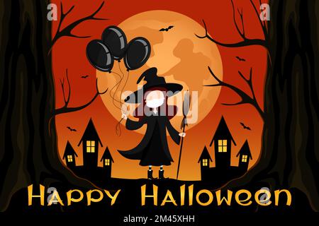 Halloween card. Witch in mask hold black helium balloons. Vector illustration. Stock Vector