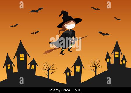 Witch in mask flying on broomstick over town. Vector illustration. Stock Vector