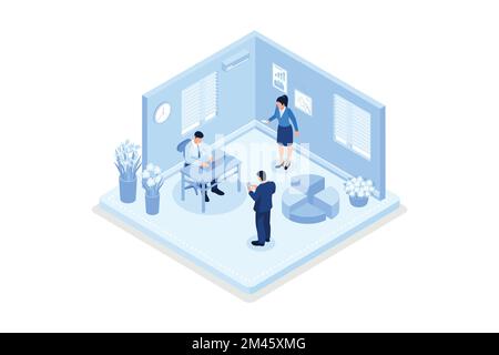 Characters working at home office and coworking space. People talking with colleagues, isometric vector modern illustration Stock Vector