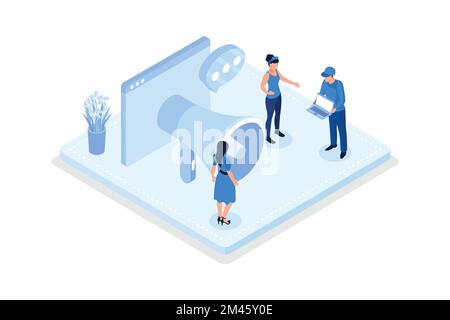 Digital marketing, Characters integrating with audience on social media platform, isometric vector modern illustration Stock Vector