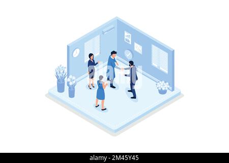 Characters working at home office and coworking space. People talking with colleagues, isometric vector modern illustration Stock Vector