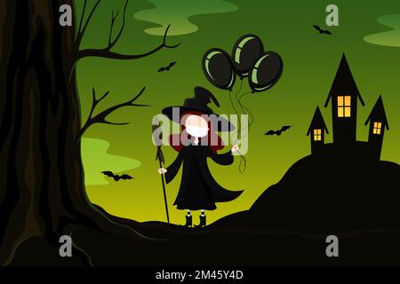 Witch in mask hold broomstick and balloons. Halloween. Vector illustration. Stock Vector