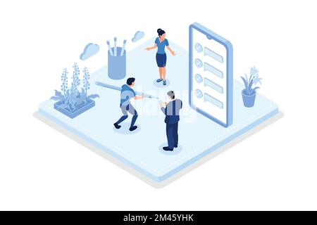 Characters planning work tasks, filling check list, making calendar schedule. Business time management and organization concept, isometric vector mode Stock Vector