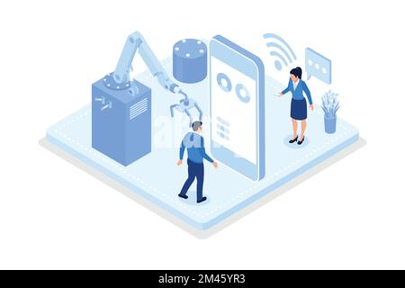 Smart intelligence technology in industrial factory. Characters wearing virtual reality headsets engineering with augmented reality. Industry 4.0, iso Stock Vector