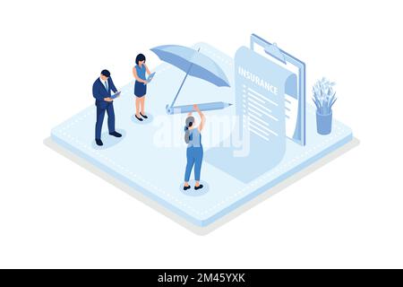 Auto insurance, Character signing full coverage insurance policy, isometric vector modern illustration Stock Vector