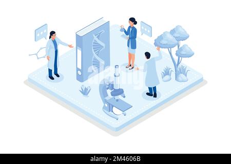 Conceptual template with microscope, Petri dishes, lab equipment. Scene for learning biology, microbiology, medicine, isometric vector modern illustra Stock Vector