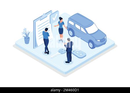 Auto insurance, Character buying or renting car, isometric vector modern illustration Stock Vector