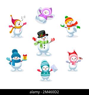 Cute cartoon Snowmen in various poses set. Winter holidays theme element collection. Vector illustration isolated on white background Stock Vector