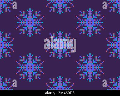 Pixel snowflakes seamless pattern. Christmas winter background in pixel art style. 8 bit graphics in the style of video games of the 80s. Vector illus Stock Vector