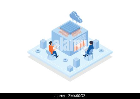 Conceptual template with people working on computers connected to integrated circuit and cloud. Scene for microchip programming, microcontroller softw Stock Vector