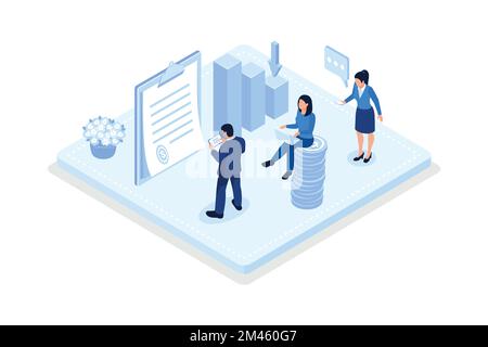 Business characters purchasing bonds or stock on capital market. Financial and stock trading concept, isometric vector modern illustration Stock Vector
