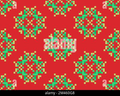 Pixel snowflakes seamless pattern. Christmas winter background in pixel art style. 8 bit graphics in the style of video games of the 80s. Vector illus Stock Vector