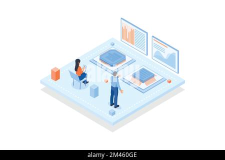 Conceptual template with people and screens with microprocessors performance metrics or indicators. Scene for microchip or integrated circuit comparis Stock Vector