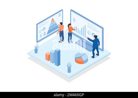 Conceptual template with people analyzing charts, diagrams, graphs. Scene for structural analysis, data analytics, information monitoring system, isom Stock Vector