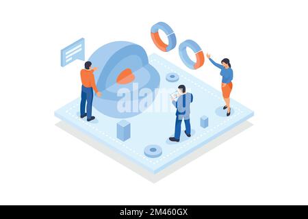 Conceptual template with sphere with cut out piece surrounded by analysts. Scene for future of material analysis or research, nanotechnology, isometri Stock Vector