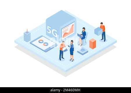 Conceptual template with people looking at charts and diagrams on screens of devices. Scene for mobile networks using 5G technology standard, isometri Stock Vector