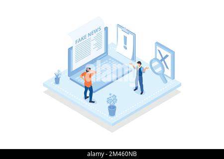 Landing page template with people reading newspaper on laptop computer and warning signs. Scene for fake news, internet media with false misleading in Stock Vector