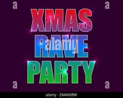 Xmas rave party. Gradient text in red, green and blue. Glow text. Sparkling light. The energy of a rave party. Design for posters, banners and promoti Stock Vector