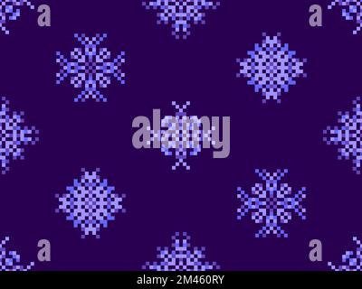 Pixel snowflakes seamless pattern. Christmas winter background in pixel art style. 8 bit graphics in the style of video games of the 80s. Vector illus Stock Vector