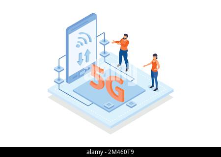 Conceptual template with people looking at phone with wifi signal on screen. Scene for 5G technology standard for mobile devices, broadband Internet a Stock Vector