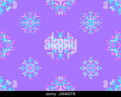 Pixel snowflakes seamless pattern. Christmas winter background in pixel art style. 8 bit graphics in the style of video games of the 80s. Vector illus Stock Vector